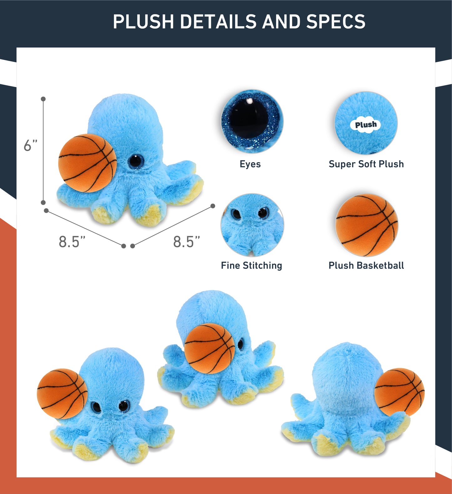 BIG EYE PLUSH - BLUE OCTOPUS WITH BASKETBALL PLUSH