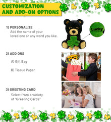 DolliBu Big Eye Black Bear Stuffed Animal with Green Plush Shamrock - 6.5 Inch