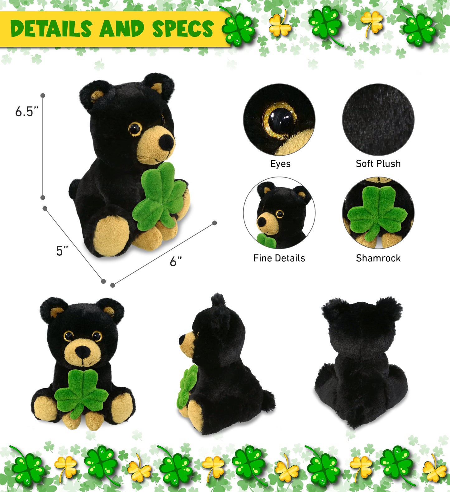 DolliBu Big Eye Black Bear Stuffed Animal with Green Plush Shamrock - 6.5 Inch