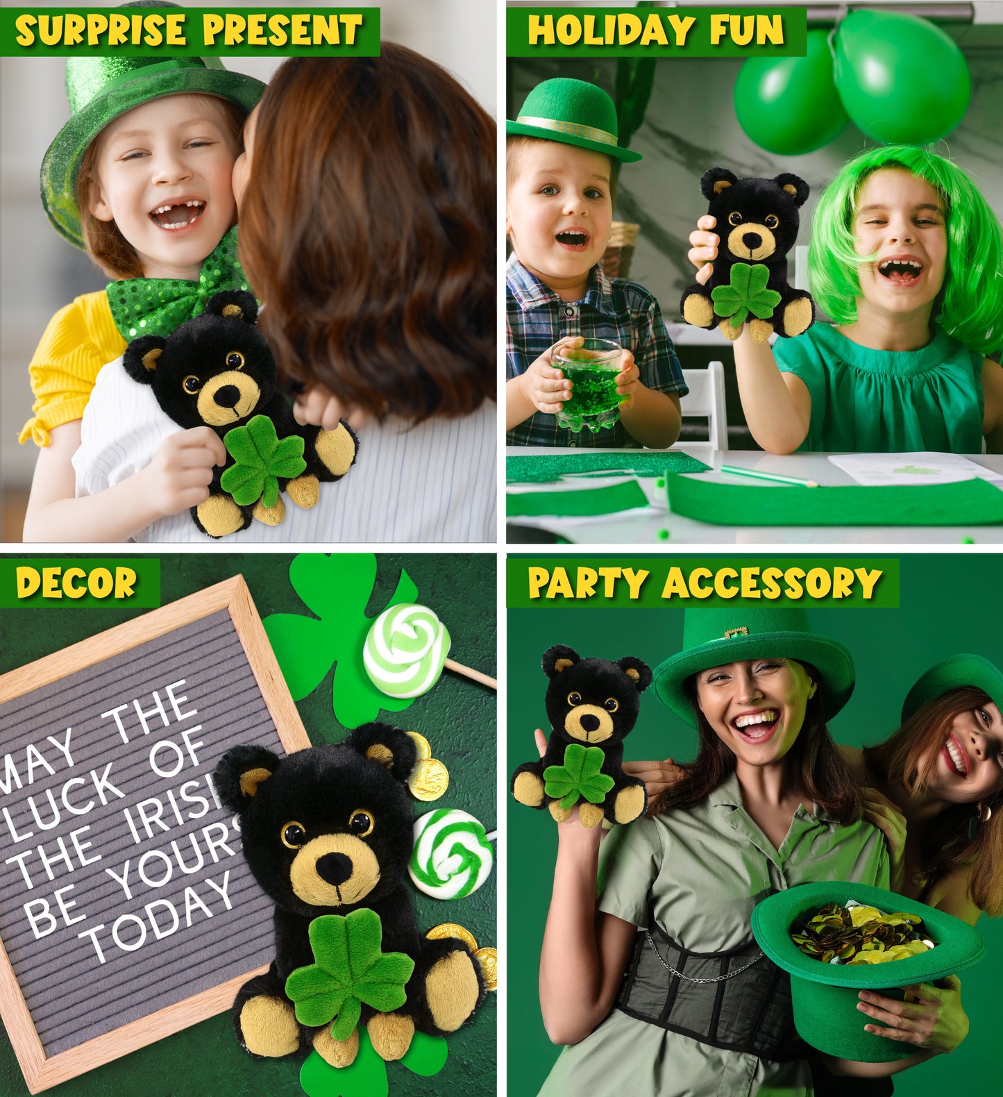 DolliBu Big Eye Black Bear Stuffed Animal with Green Plush Shamrock - 6.5 Inch