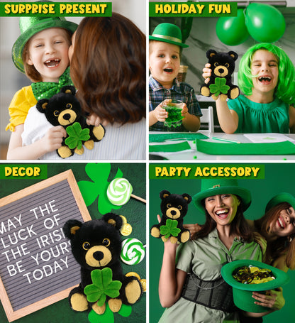DolliBu Big Eye Black Bear Stuffed Animal with Green Plush Shamrock - 6.5 Inch