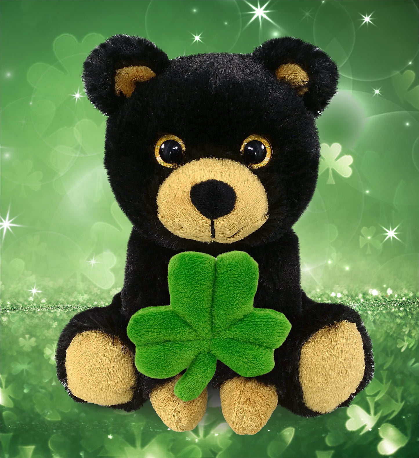 DolliBu Big Eye Black Bear Stuffed Animal with Green Plush Shamrock - 6.5 Inch