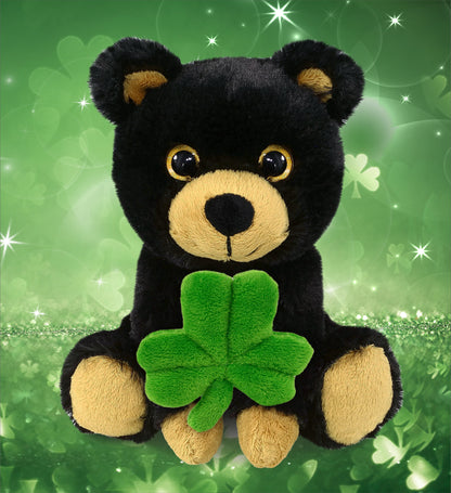 DolliBu Big Eye Black Bear Stuffed Animal with Green Plush Shamrock - 6.5 Inch