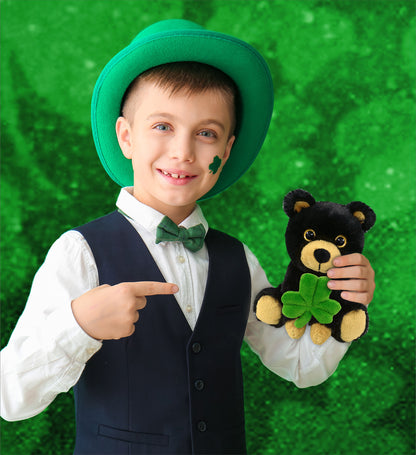 DolliBu Big Eye Black Bear Stuffed Animal with Green Plush Shamrock - 6.5 Inch