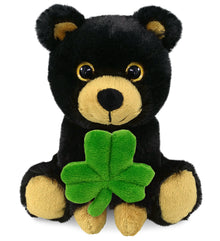 DolliBu Big Eye Black Bear Stuffed Animal with Green Plush Shamrock - 6.5 Inch
