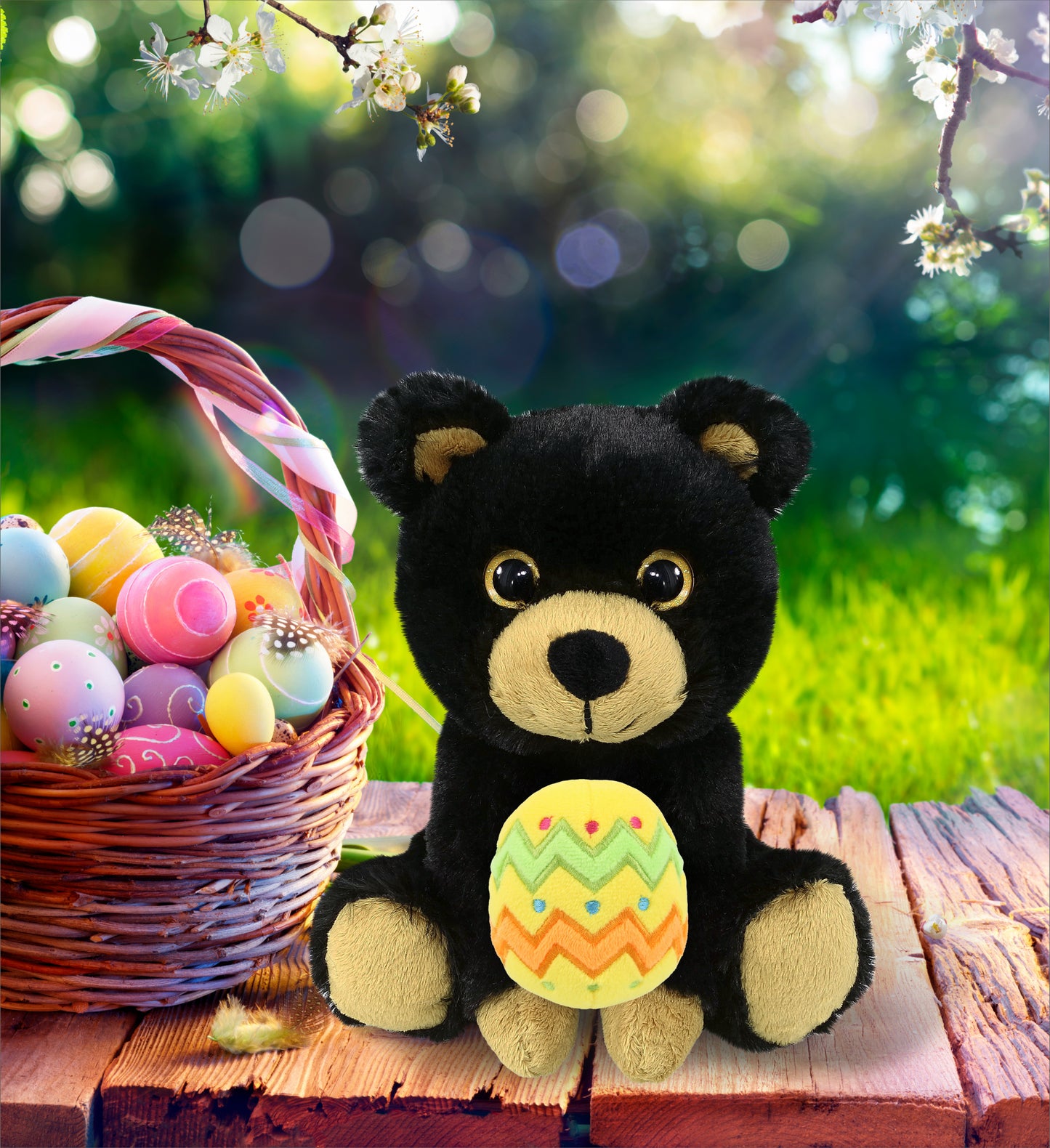 DolliBu Cute Big Eye Black Bear with Yellow Easter Egg Plush Toy - 6.5 Inches
