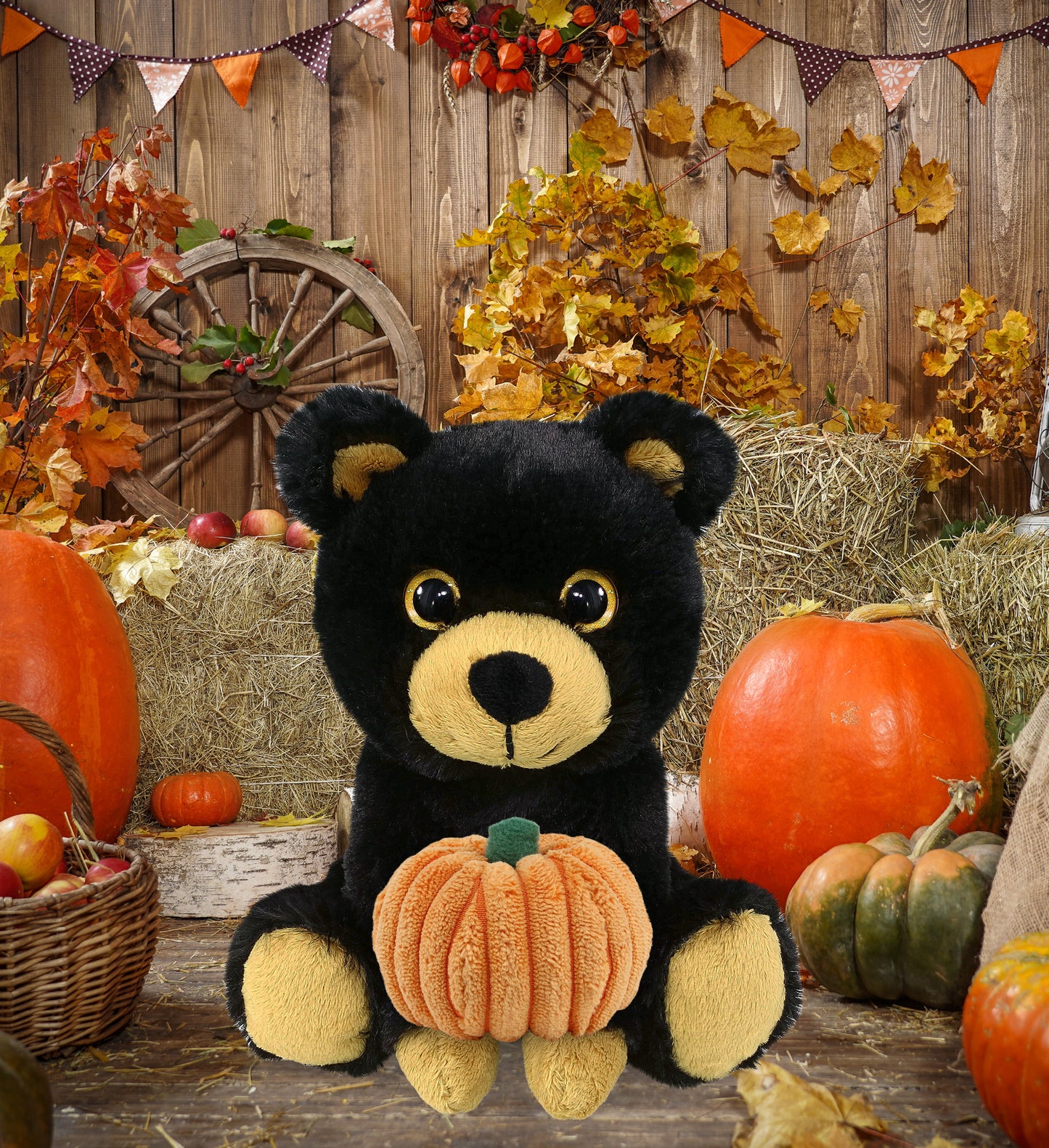 BIG EYE PLUSH - BLACK BEAR WITH PUMPKIN PLUSH