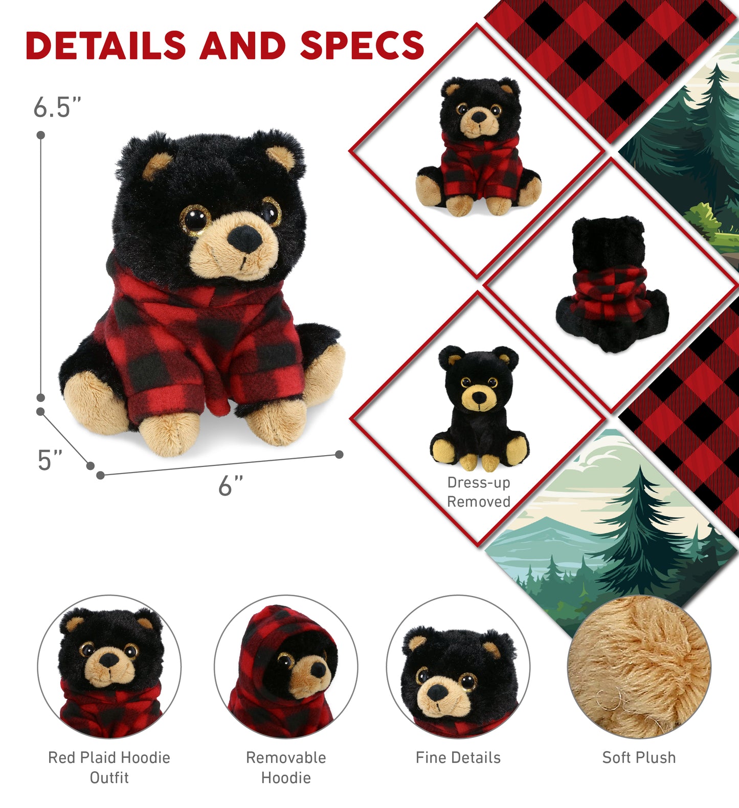 BIG EYE PLUSH - BLACK BEAR WITH RED PLAID HOODIE