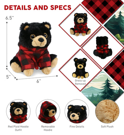 BIG EYE PLUSH - BLACK BEAR WITH RED PLAID HOODIE
