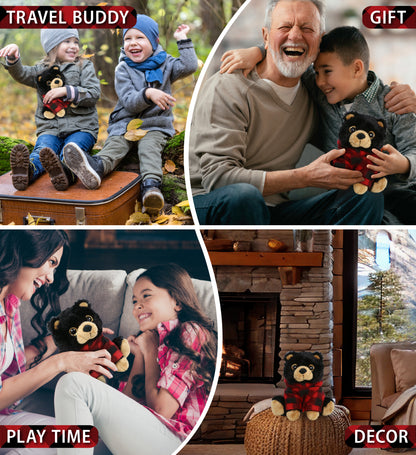 BIG EYE PLUSH - BLACK BEAR WITH RED PLAID HOODIE