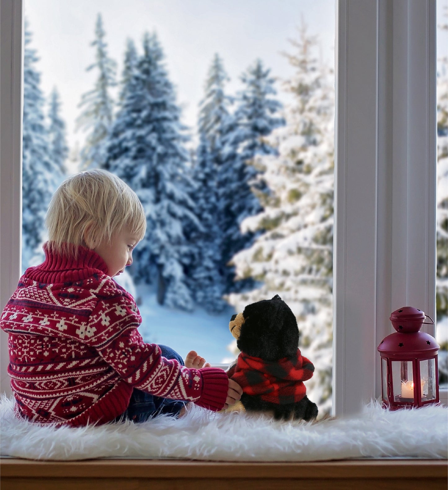 BIG EYE PLUSH - BLACK BEAR WITH RED PLAID HOODIE