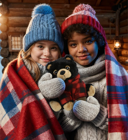 BIG EYE PLUSH - BLACK BEAR WITH RED PLAID HOODIE