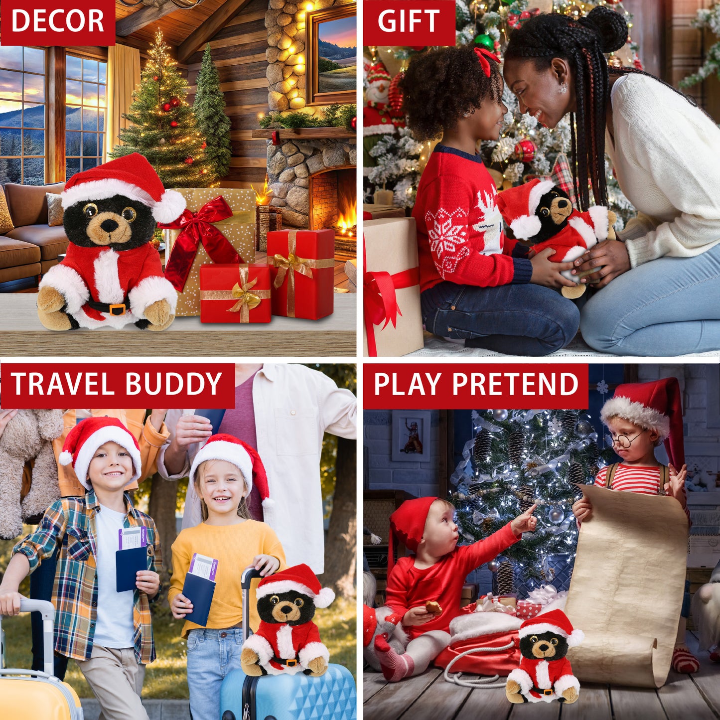 BIG EYE PLUSH - BLACK BEAR WITH SANTA DRESS UP