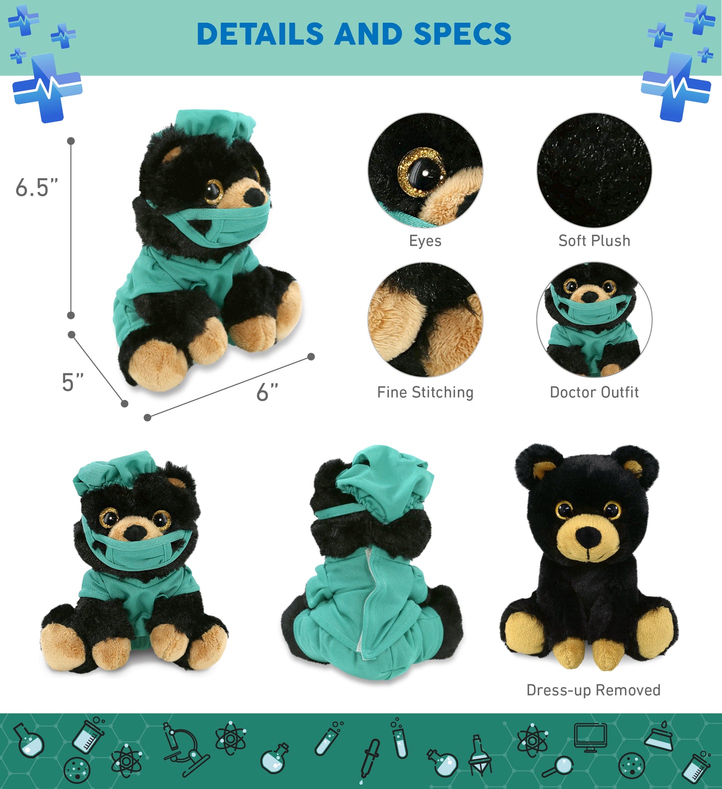 BIG EYE PLUSH - BLACK BEAR WITH DOCTOR DRESS UP