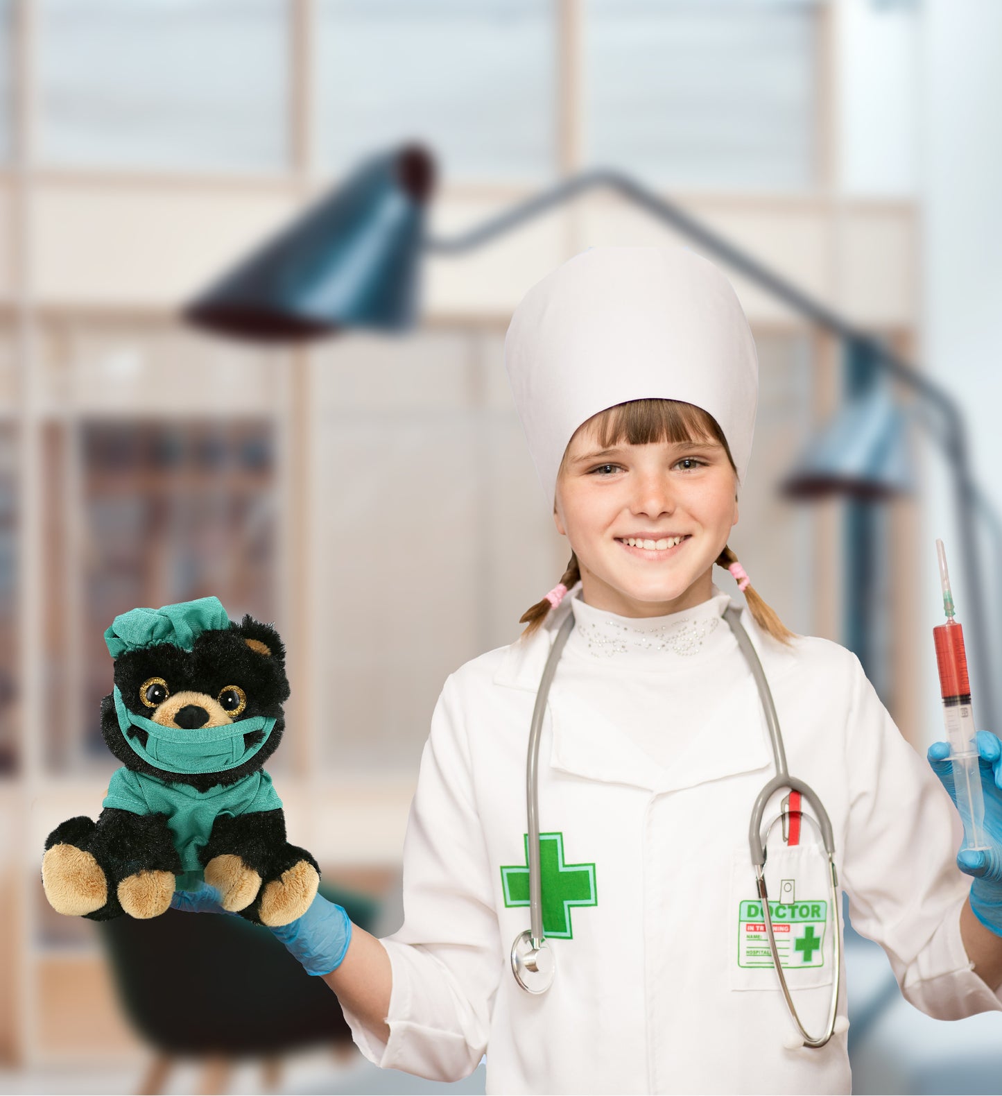 BIG EYE PLUSH - BLACK BEAR WITH DOCTOR DRESS UP