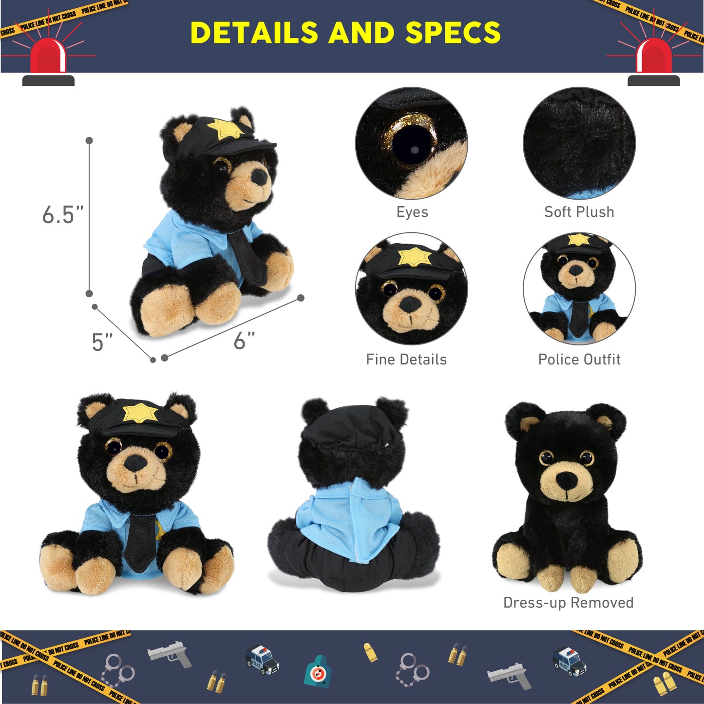 BIG EYE PLUSH - BLACK BEAR WITH POLICE DRESS UP