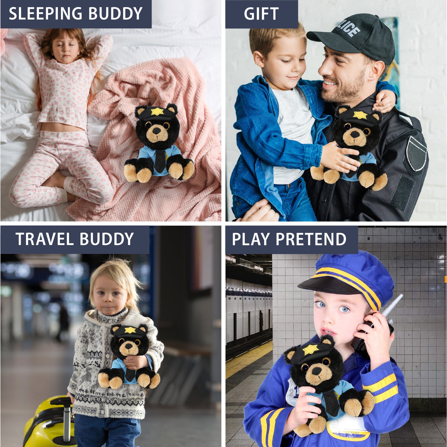 BIG EYE PLUSH - BLACK BEAR WITH POLICE DRESS UP