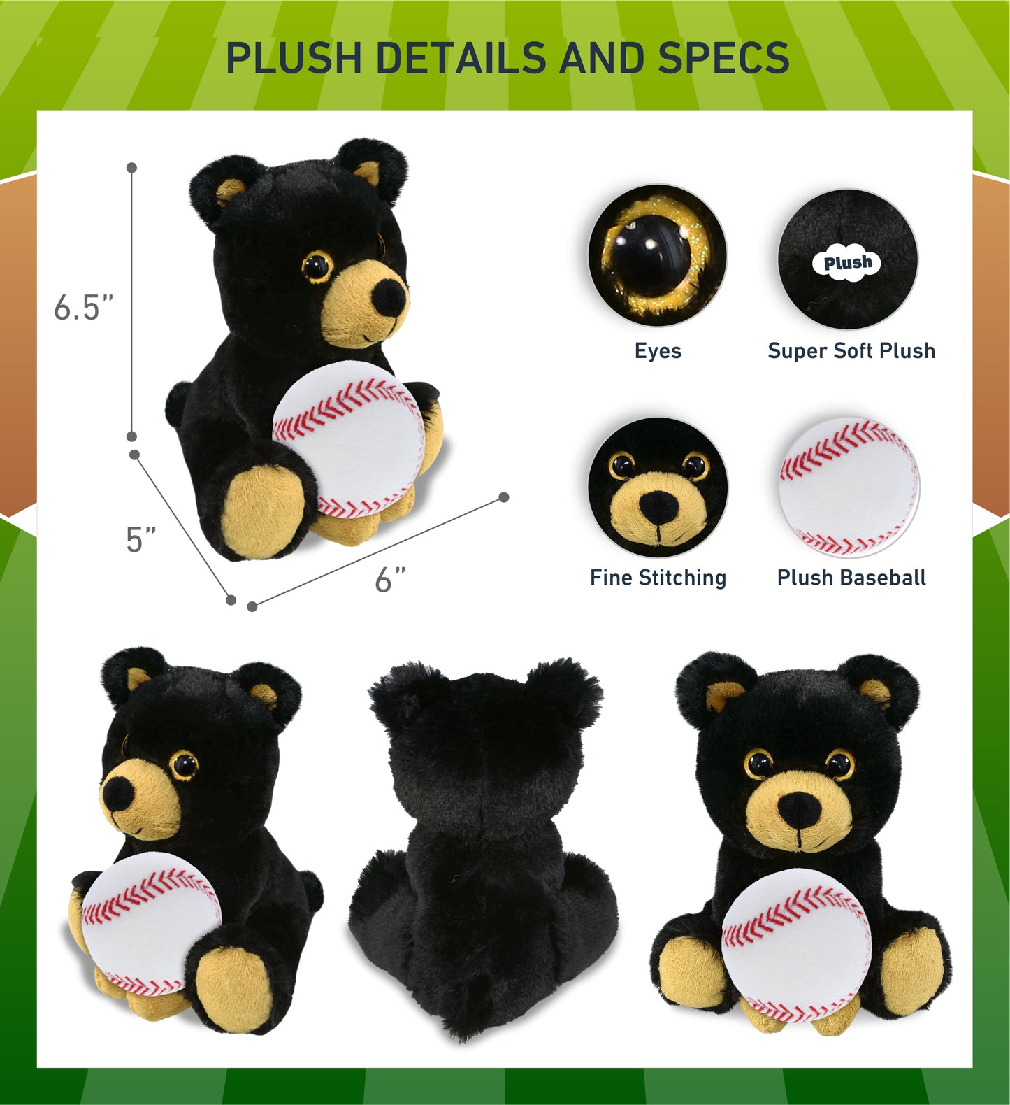 BIG EYE PLUSH - BLACK BEAR WITH BASEBALL PLUSH