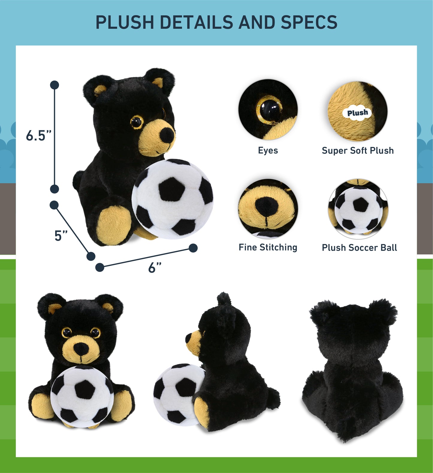 BIG EYE PLUSH - BLACK BEAR WITH SOCCER PLUSH