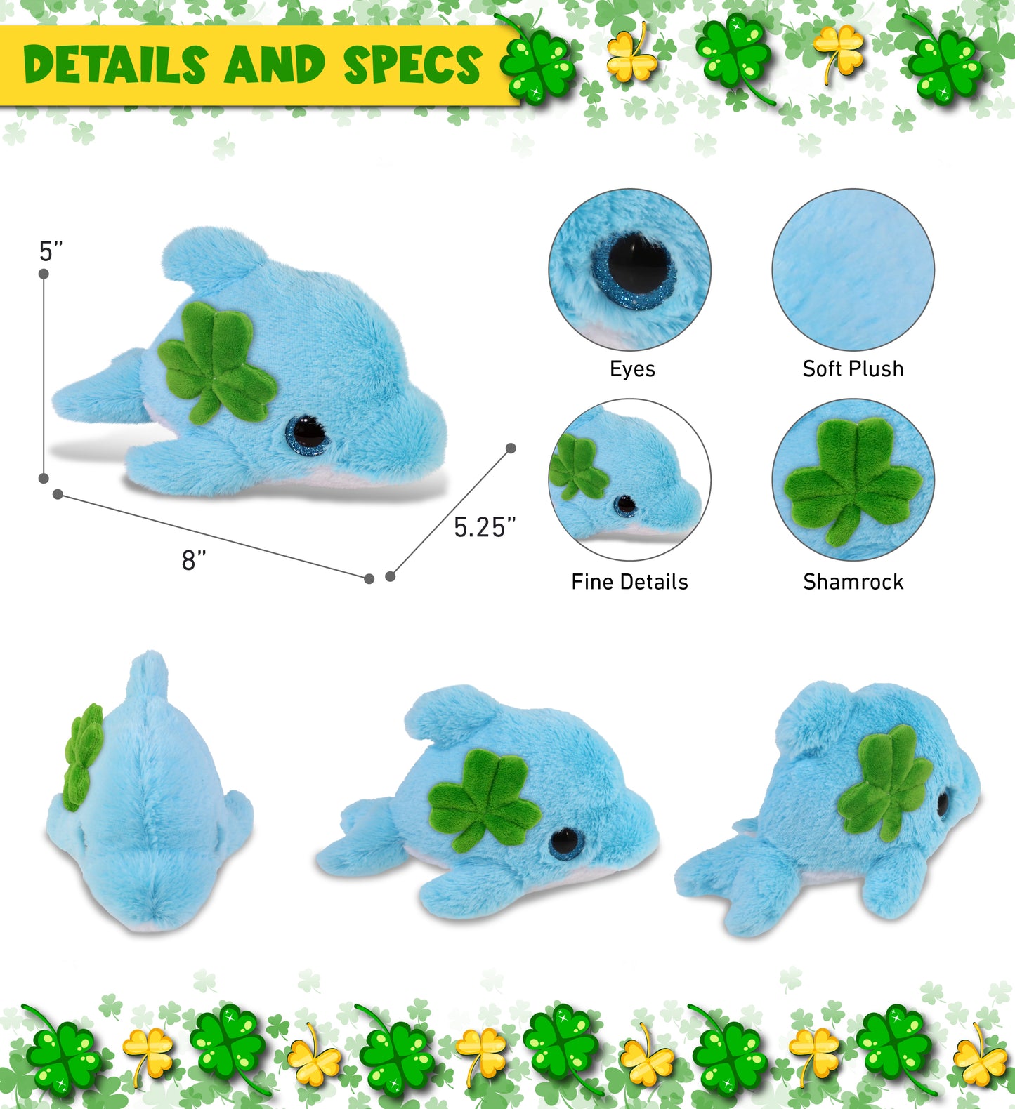 DolliBu Big Eye Blue Dolphin Stuffed Animal with Green Plush Shamrock - 8 Inch