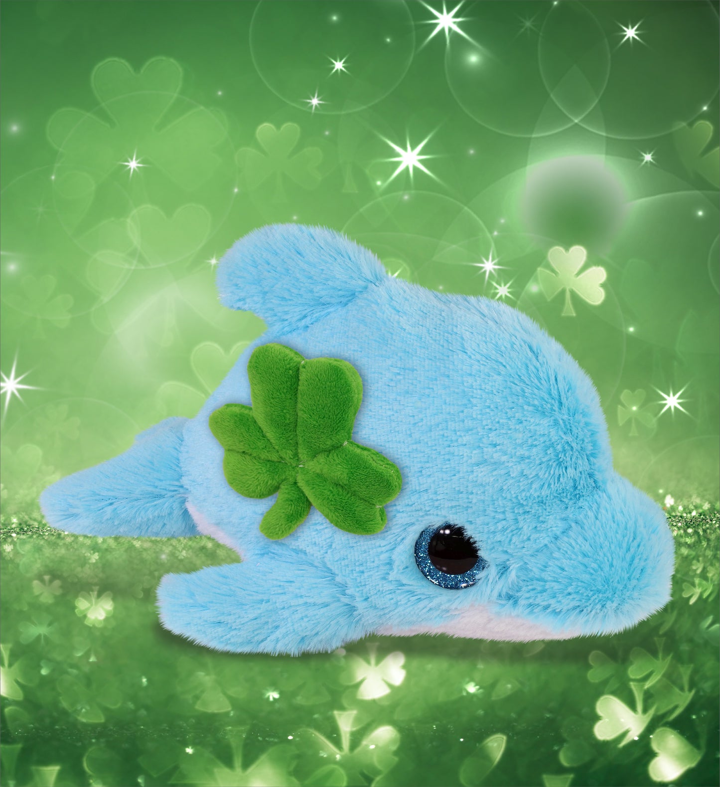 DolliBu Big Eye Blue Dolphin Stuffed Animal with Green Plush Shamrock - 8 Inch