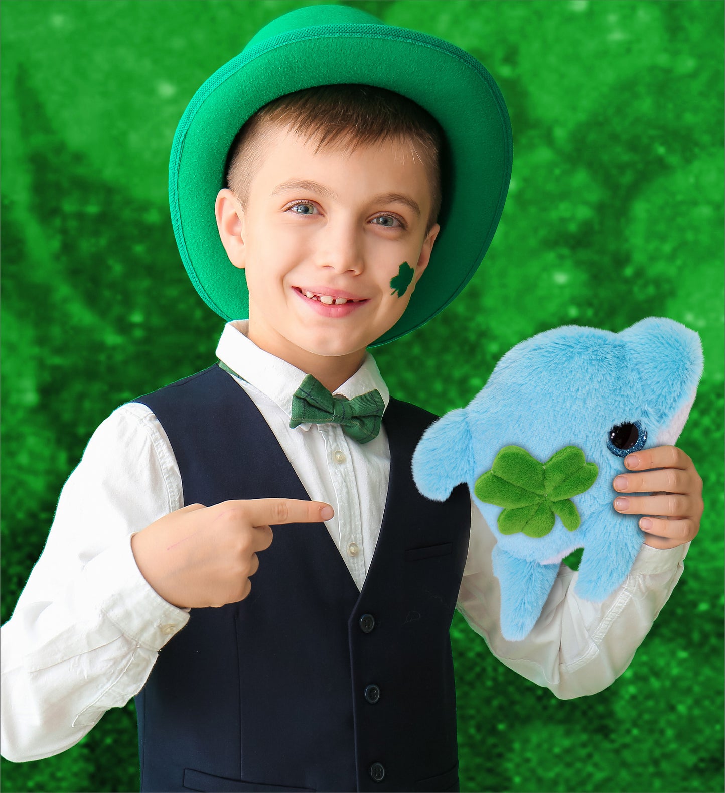 DolliBu Big Eye Blue Dolphin Stuffed Animal with Green Plush Shamrock - 8 Inch