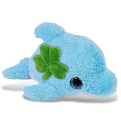 DolliBu Big Eye Blue Dolphin Stuffed Animal with Green Plush Shamrock - 8 Inch