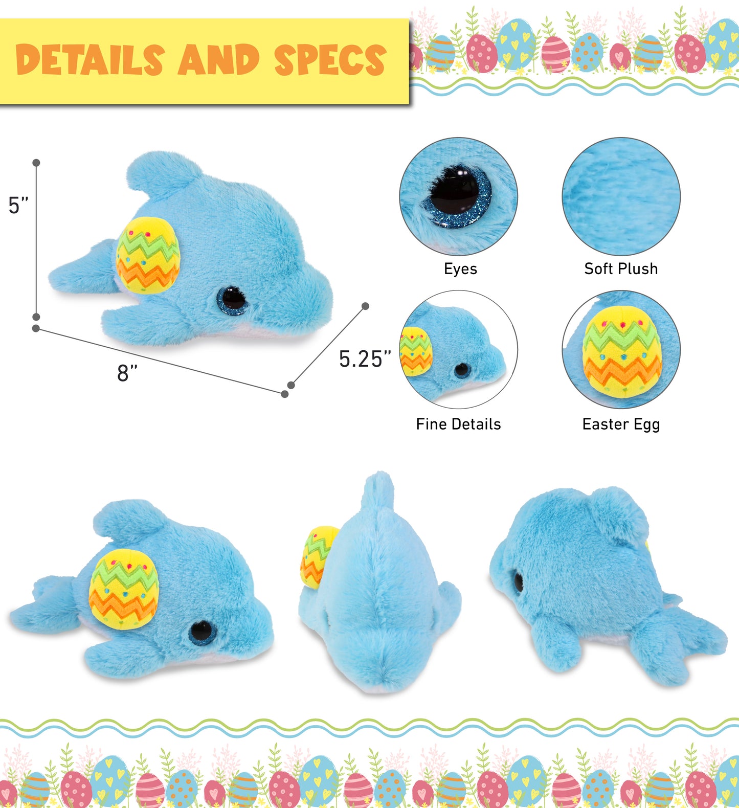 DolliBu Cute Big Eye Blue Dolphin with Yellow Easter Egg Plush Toy - 8 Inches