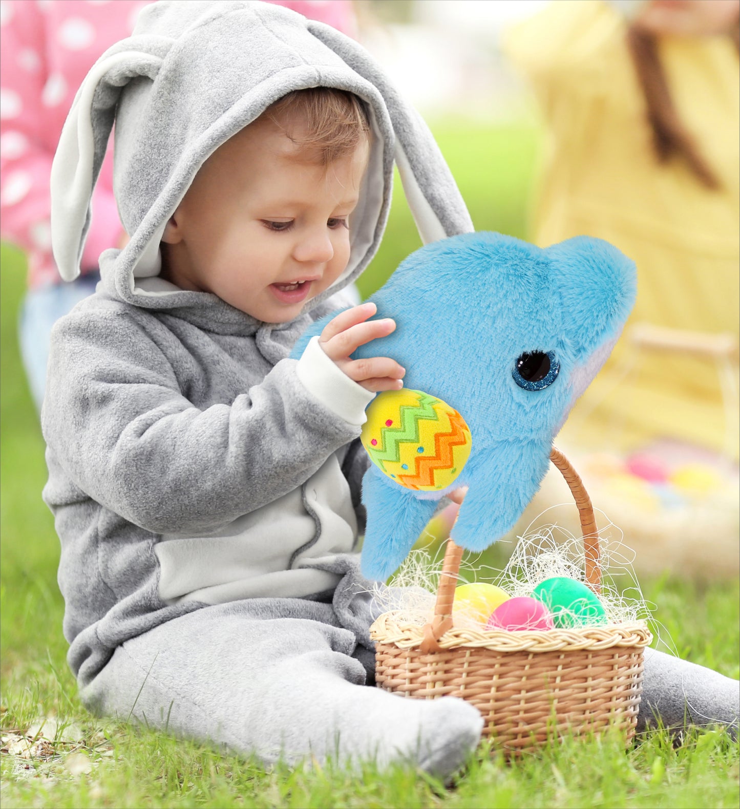 DolliBu Cute Big Eye Blue Dolphin with Yellow Easter Egg Plush Toy - 8 Inches