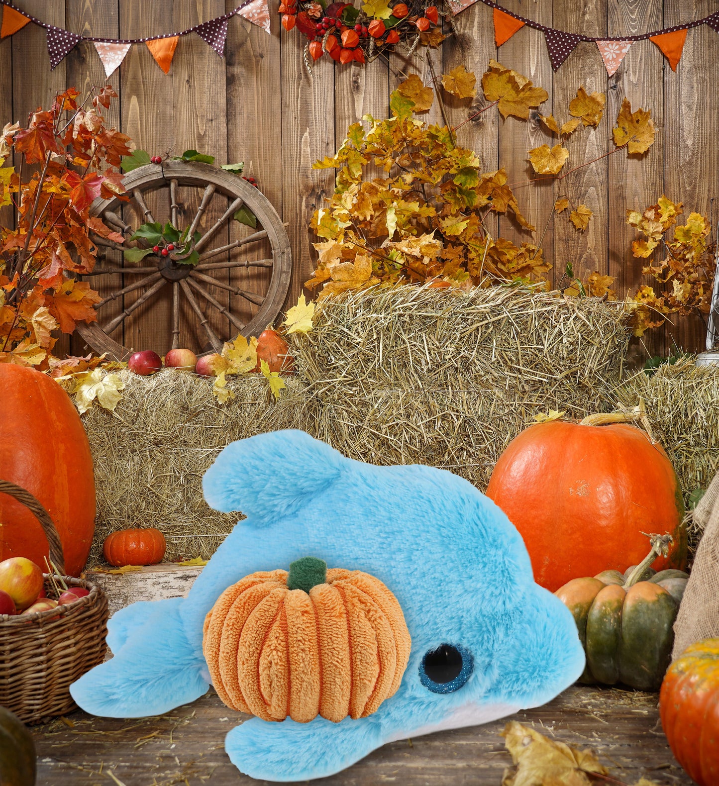 BIG EYE PLUSH - BLUE DOLPHIN WITH PUMPKIN PLUSH