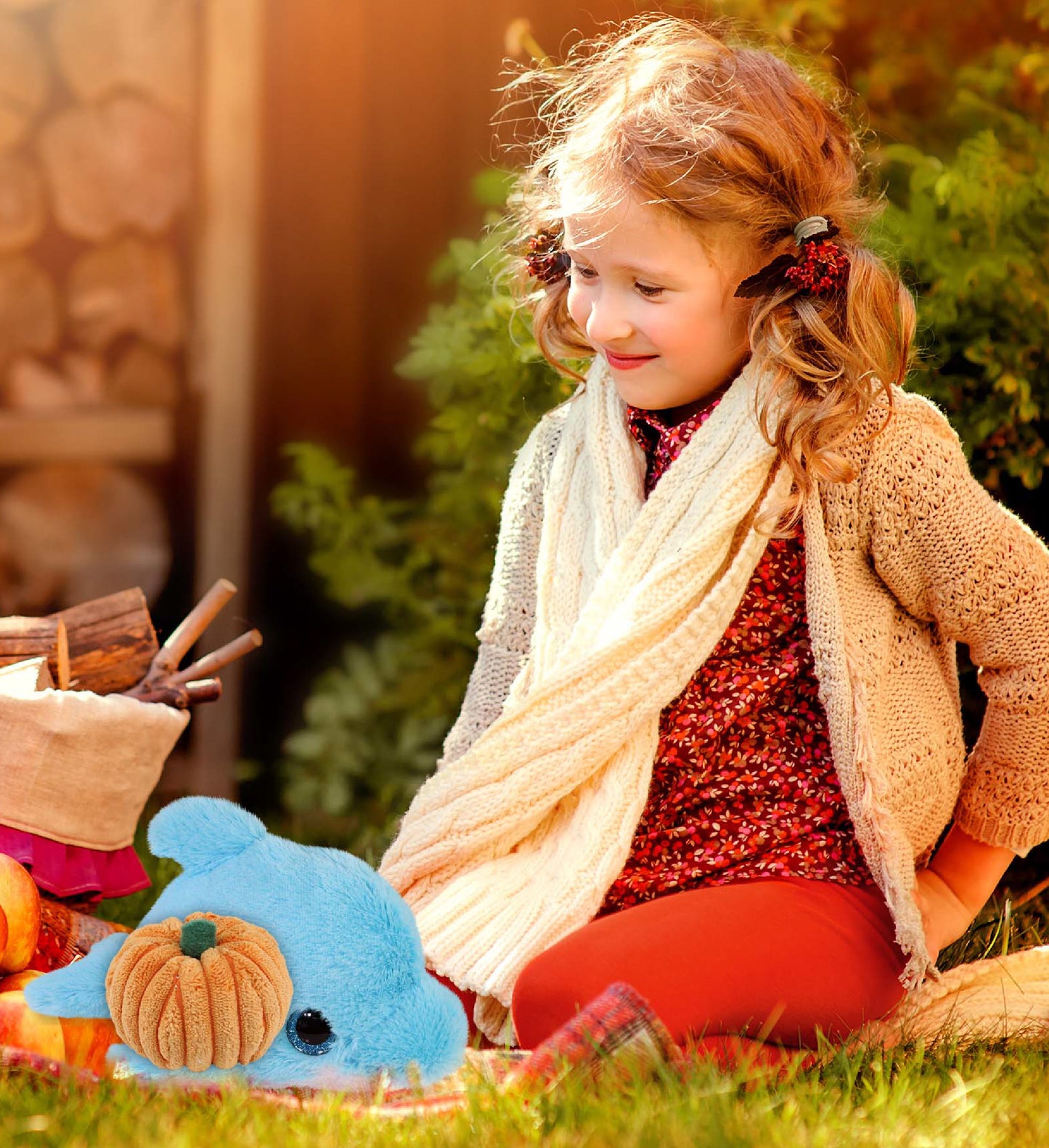 BIG EYE PLUSH - BLUE DOLPHIN WITH PUMPKIN PLUSH