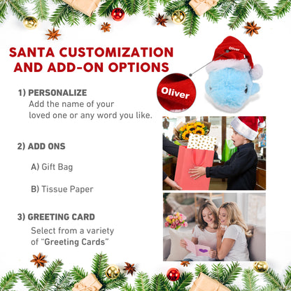 BIG EYE PLUSH - BLUE DOLPHIN WITH SANTA DRESS UP