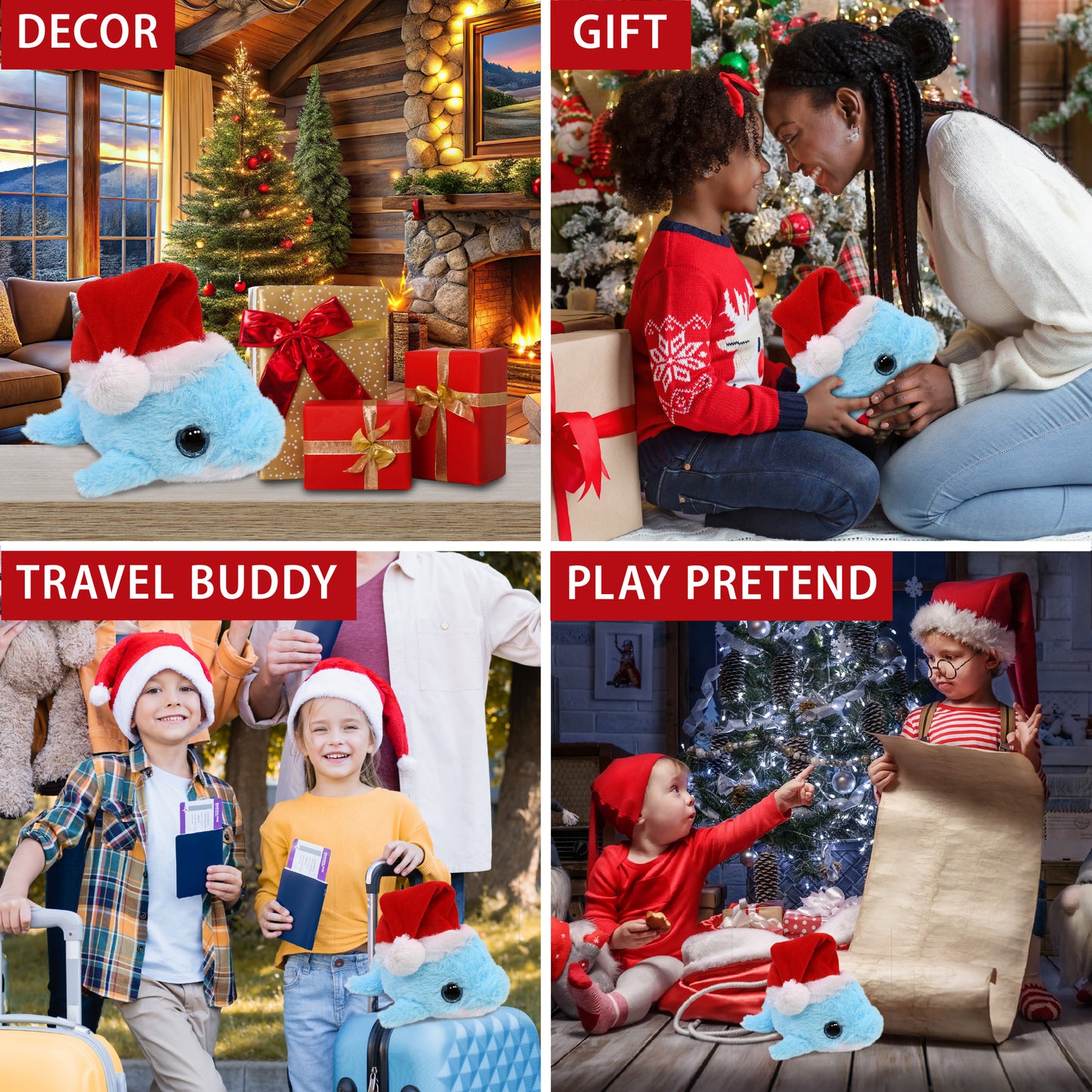 BIG EYE PLUSH - BLUE DOLPHIN WITH SANTA DRESS UP