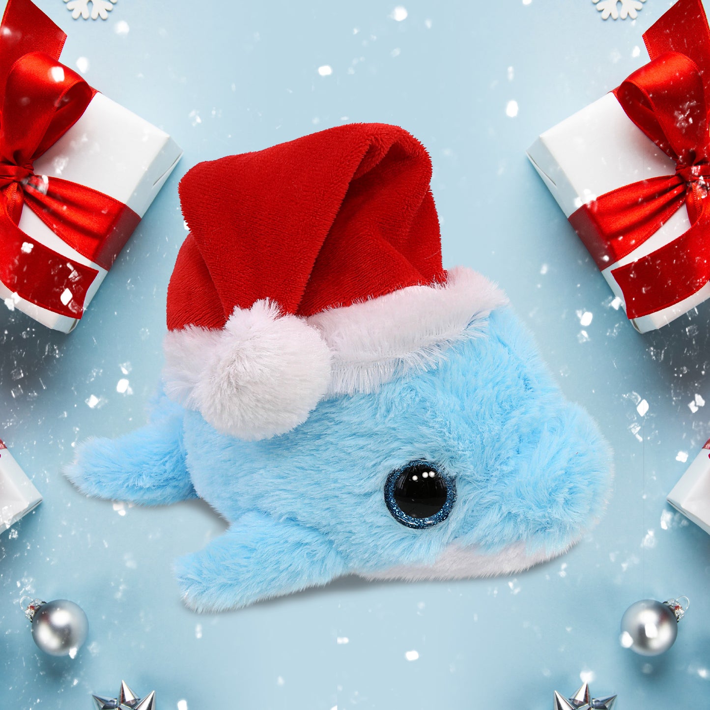 BIG EYE PLUSH - BLUE DOLPHIN WITH SANTA DRESS UP