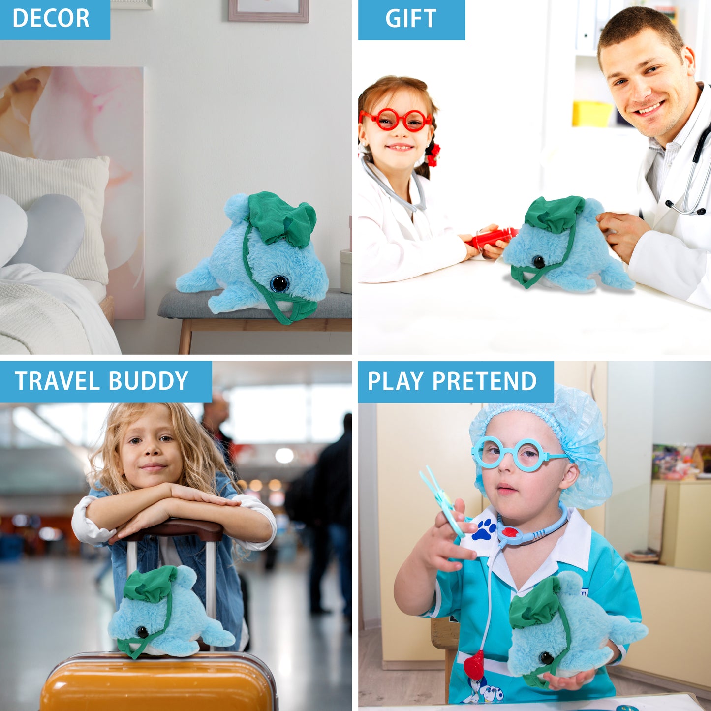 BIG EYE PLUSH - BLUE DOLPHIN WITH DOCTOR DRESS UP