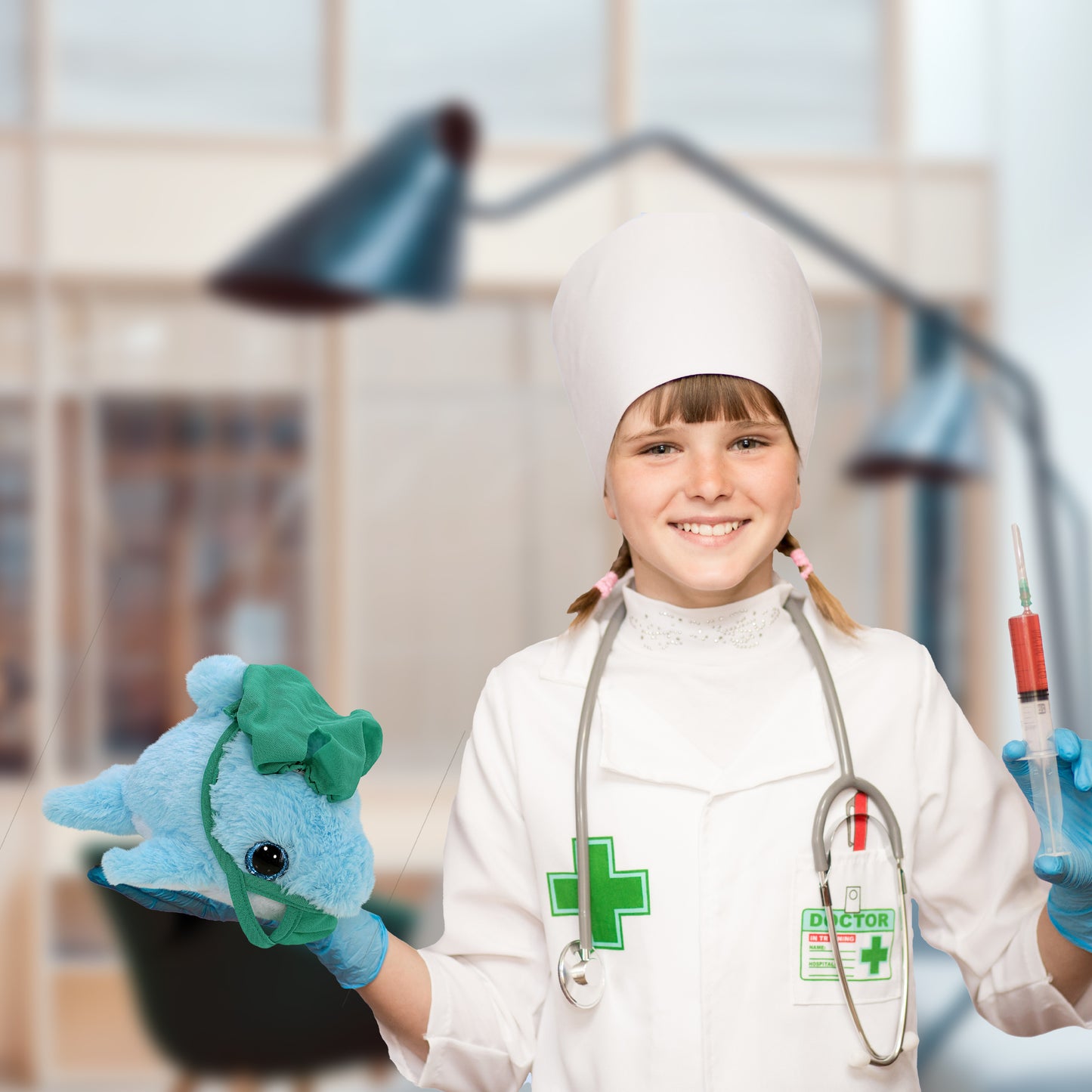 BIG EYE PLUSH - BLUE DOLPHIN WITH DOCTOR DRESS UP