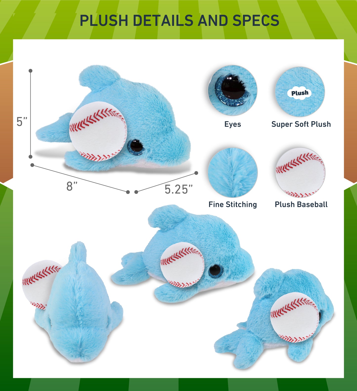 BIG EYE PLUSH - BLUE DOLPHIN WITH BASEBALL PLUSH