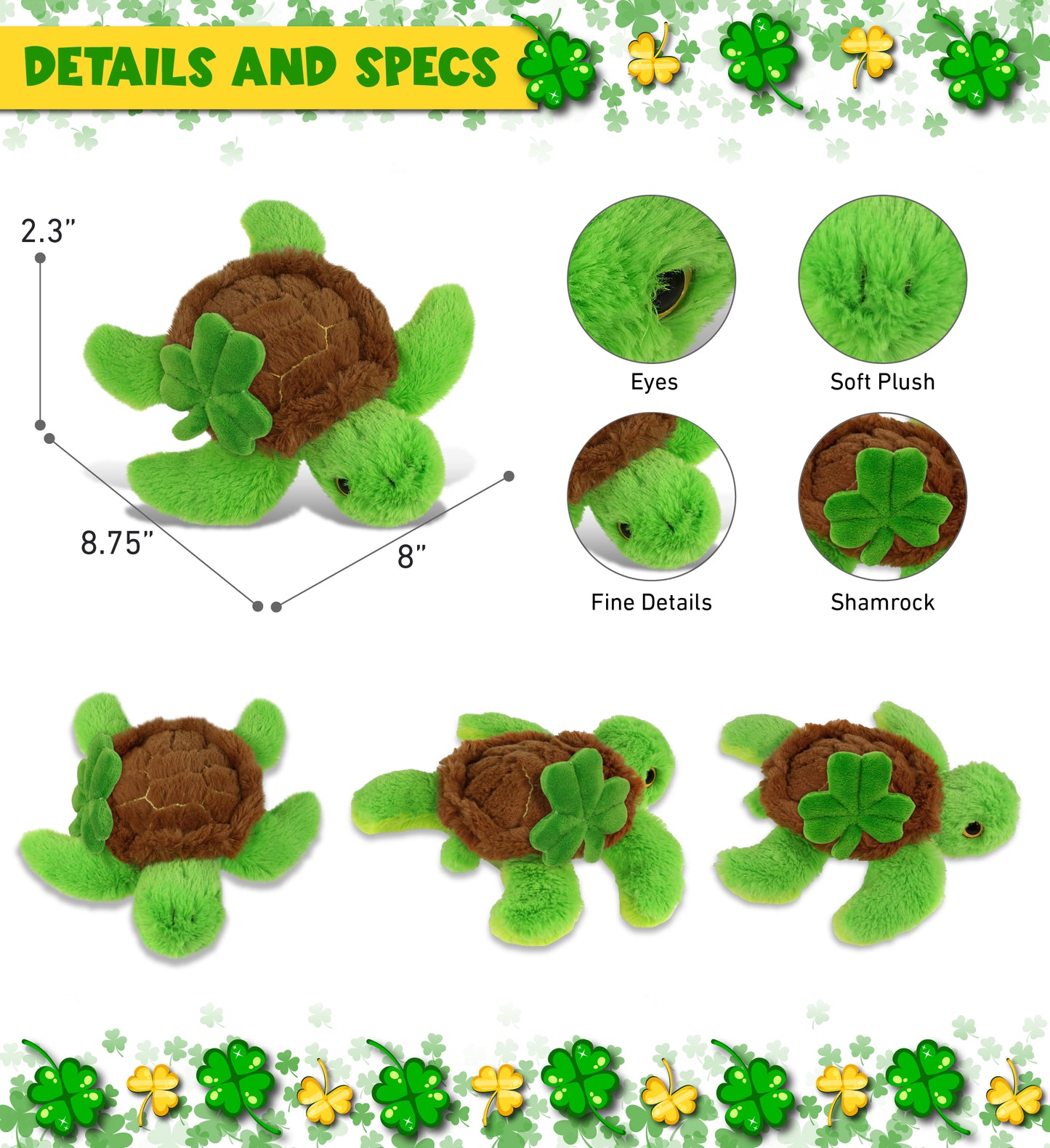 DolliBu Big Eye Sea Turtle Stuffed Animal with Green Plush Shamrock - 8.75 Inch