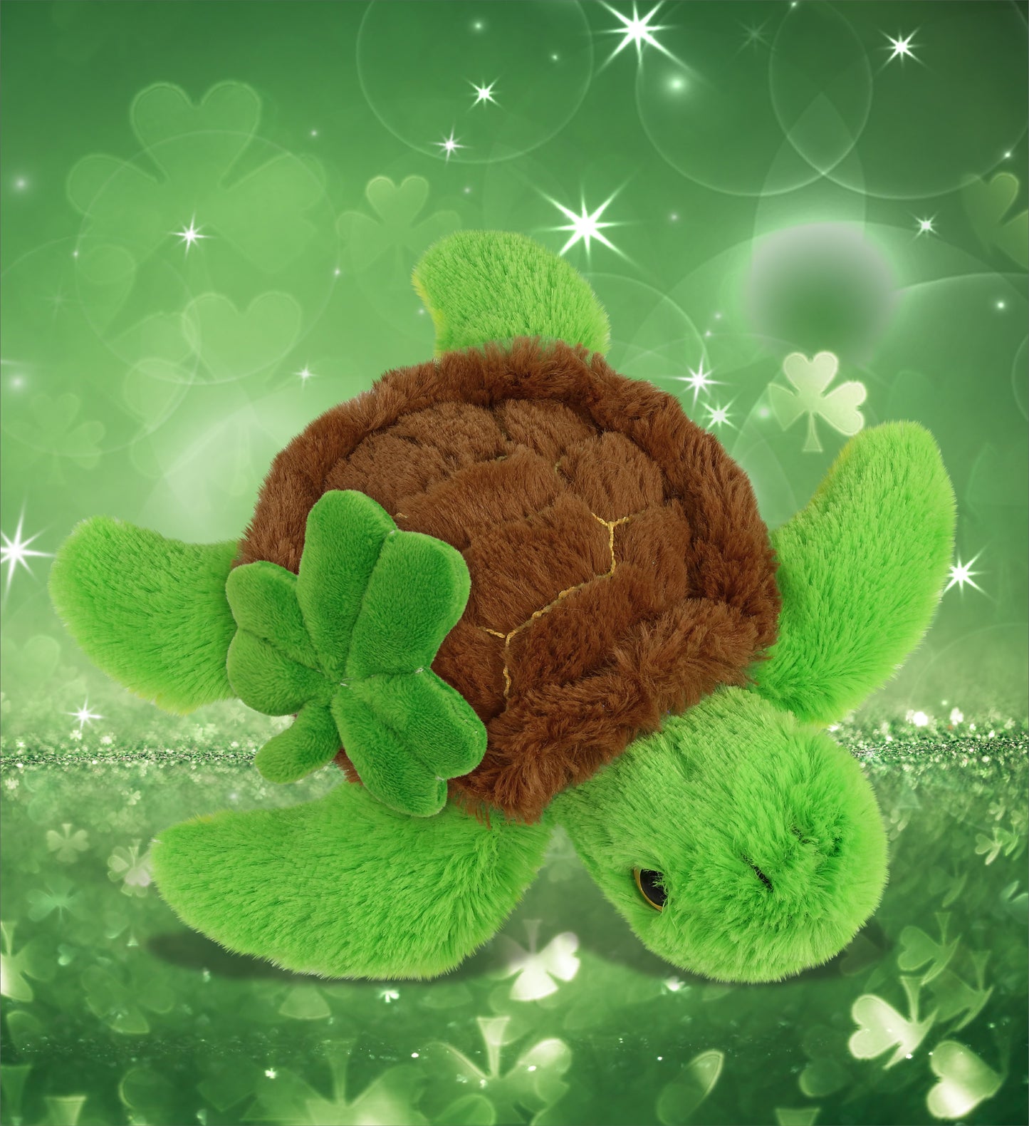 DolliBu Big Eye Sea Turtle Stuffed Animal with Green Plush Shamrock - 8.75 Inch