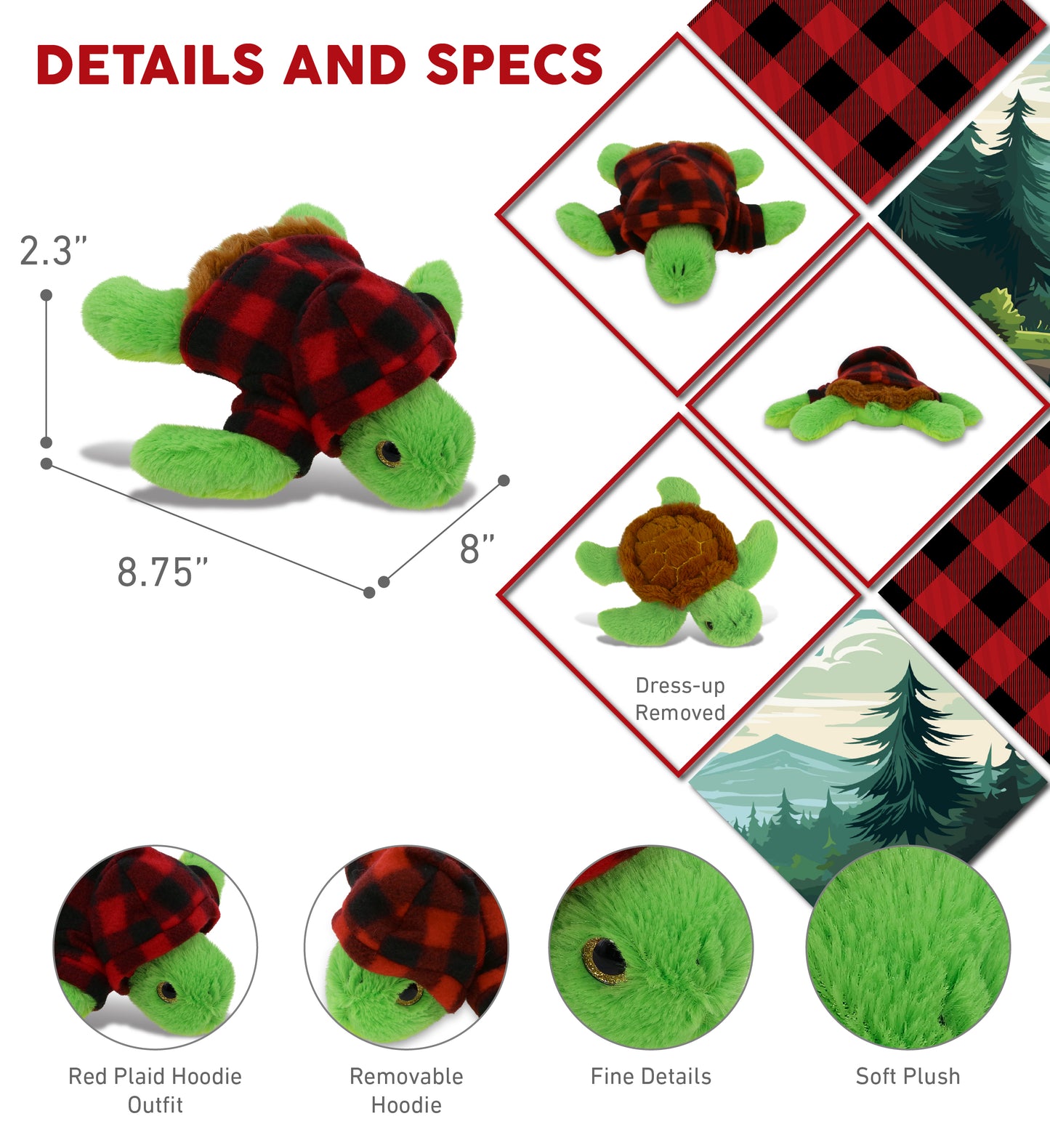 BIG EYE PLUSH - SEA TURTLE WITH RED PLAID HOODIE