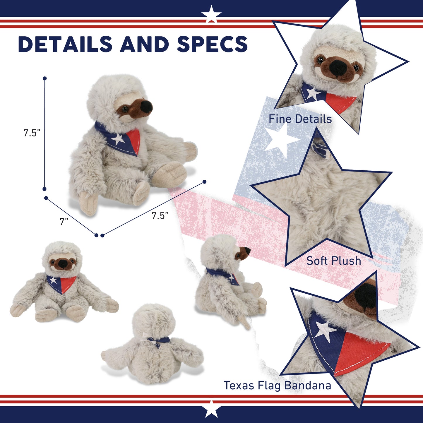 SUPER SOFT PLUSH - SLOTH WITH TEXAS FLAG BANDANA