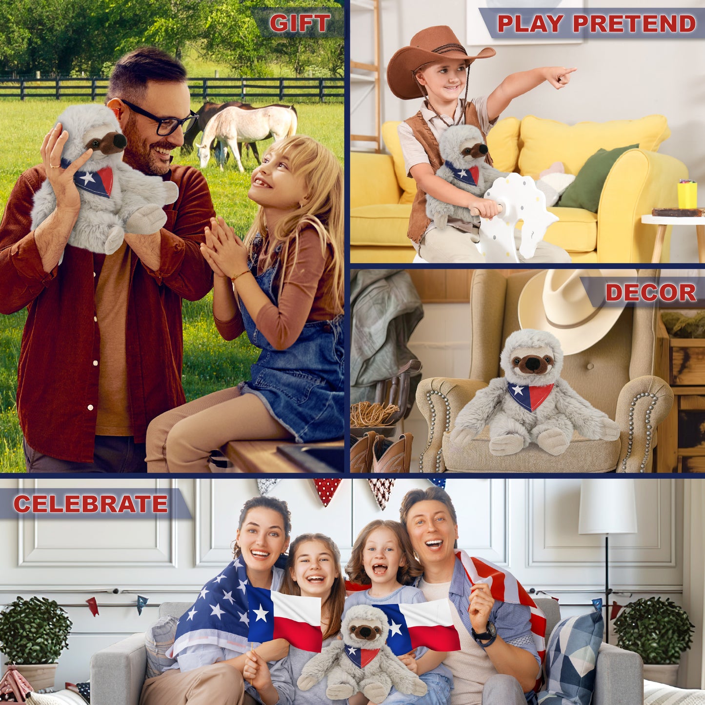 SUPER SOFT PLUSH - SLOTH WITH TEXAS FLAG BANDANA