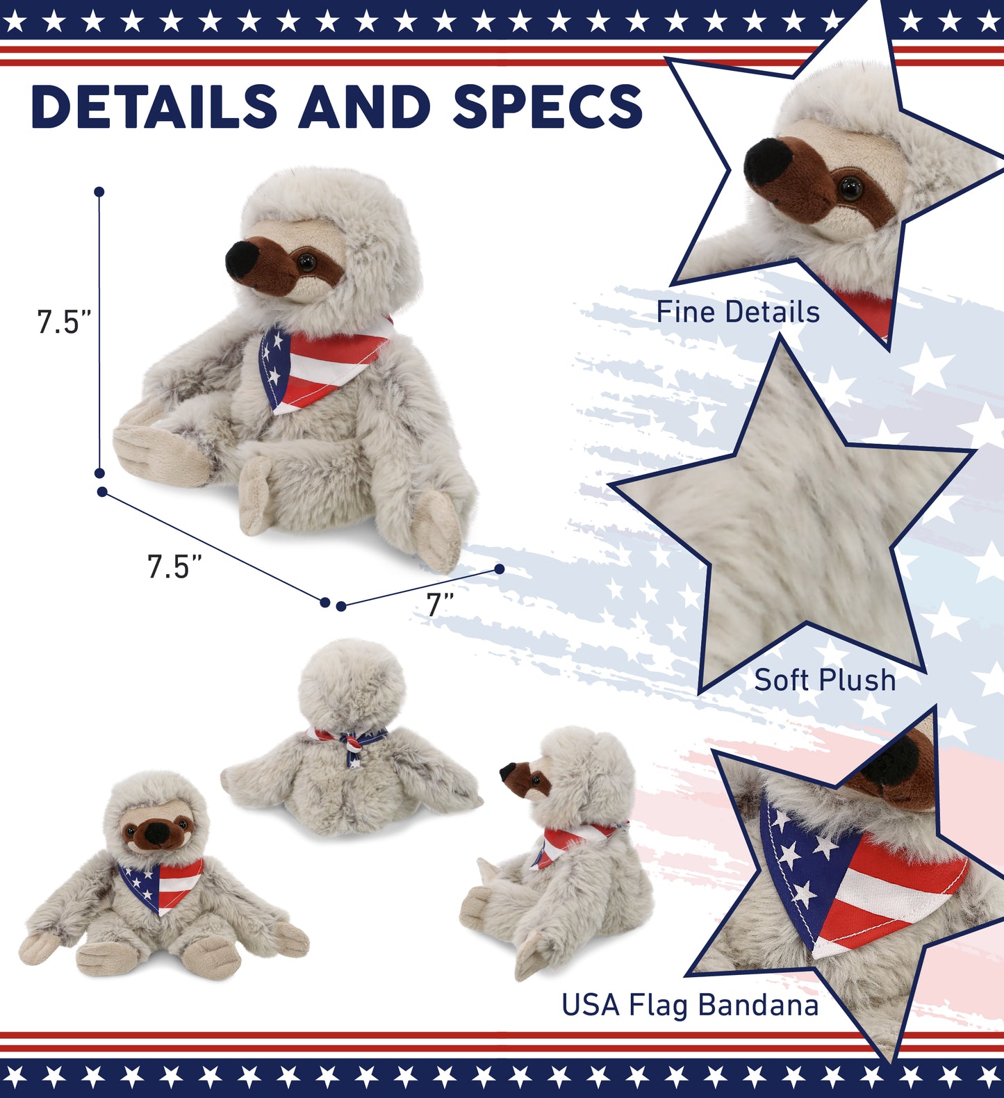 SUPER SOFT PLUSH - SLOTH WITH USA FLAG BANDANA