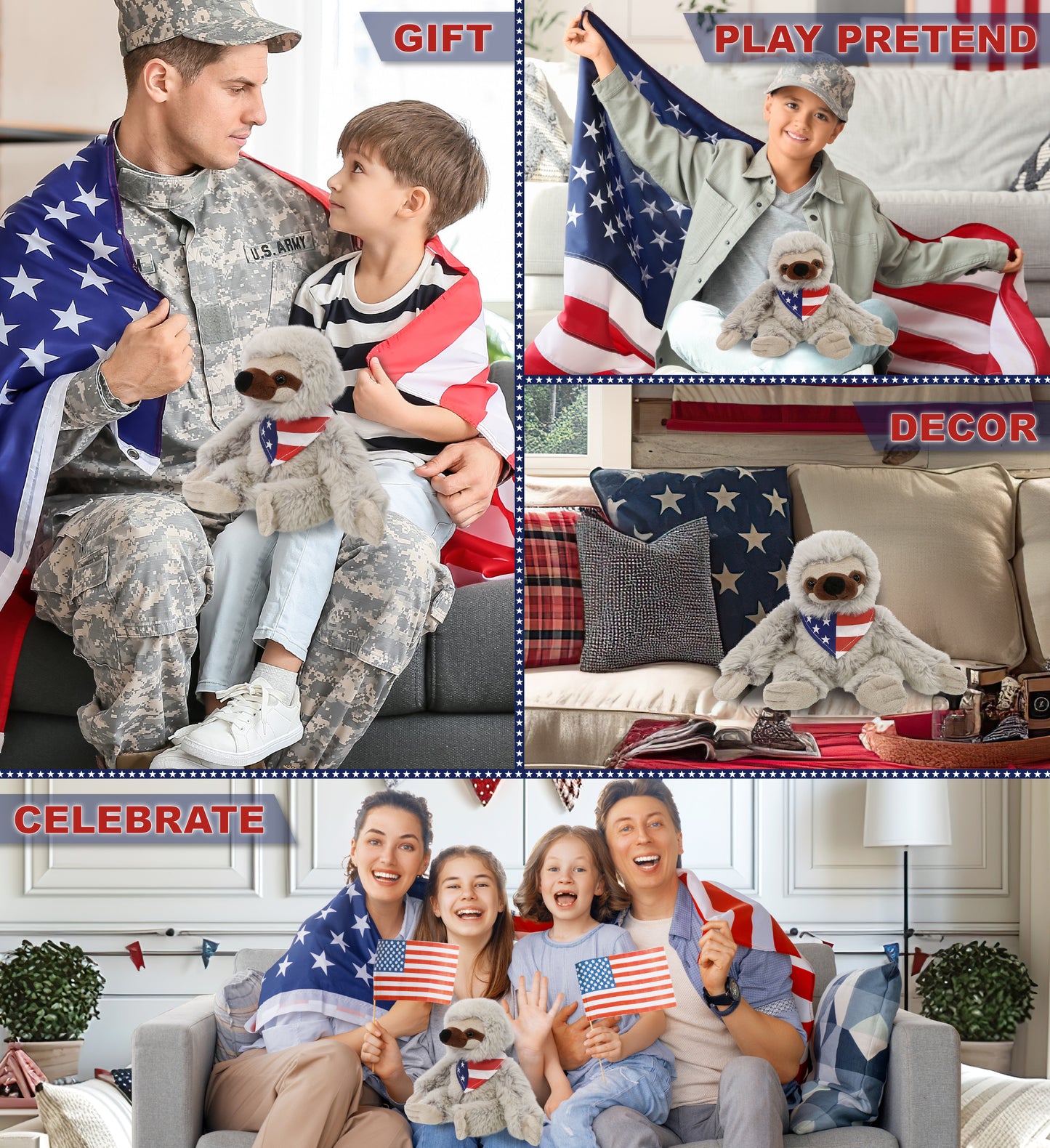 SUPER SOFT PLUSH - SLOTH WITH USA FLAG BANDANA