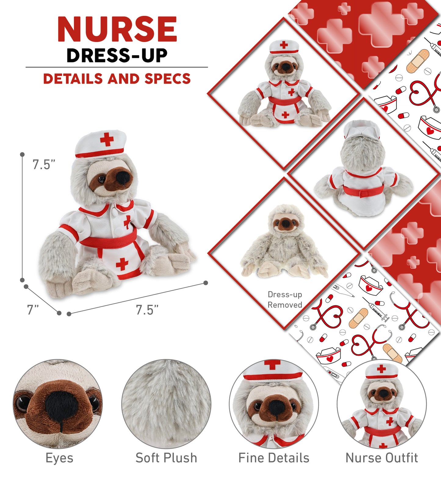 SUPER SOFT PLUSH - SLOTH With NURSE Dress-Up