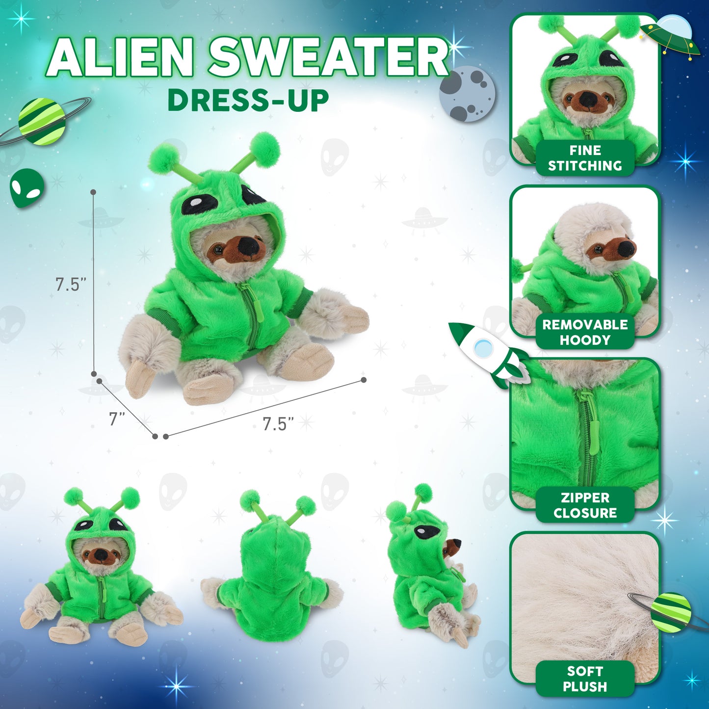 SUPER SOFT PLUSH - SLOTH WITH ALIEN SWEATER