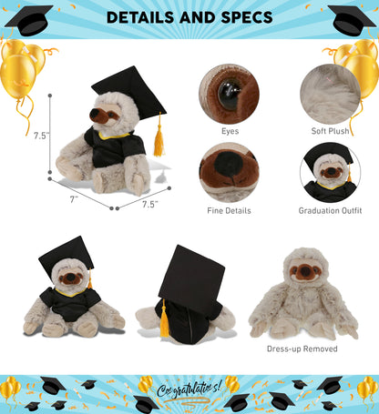 DolliBu Sloth Graduation Plush with Gown and Cap with Tassel Outfit - 7.5 Inch