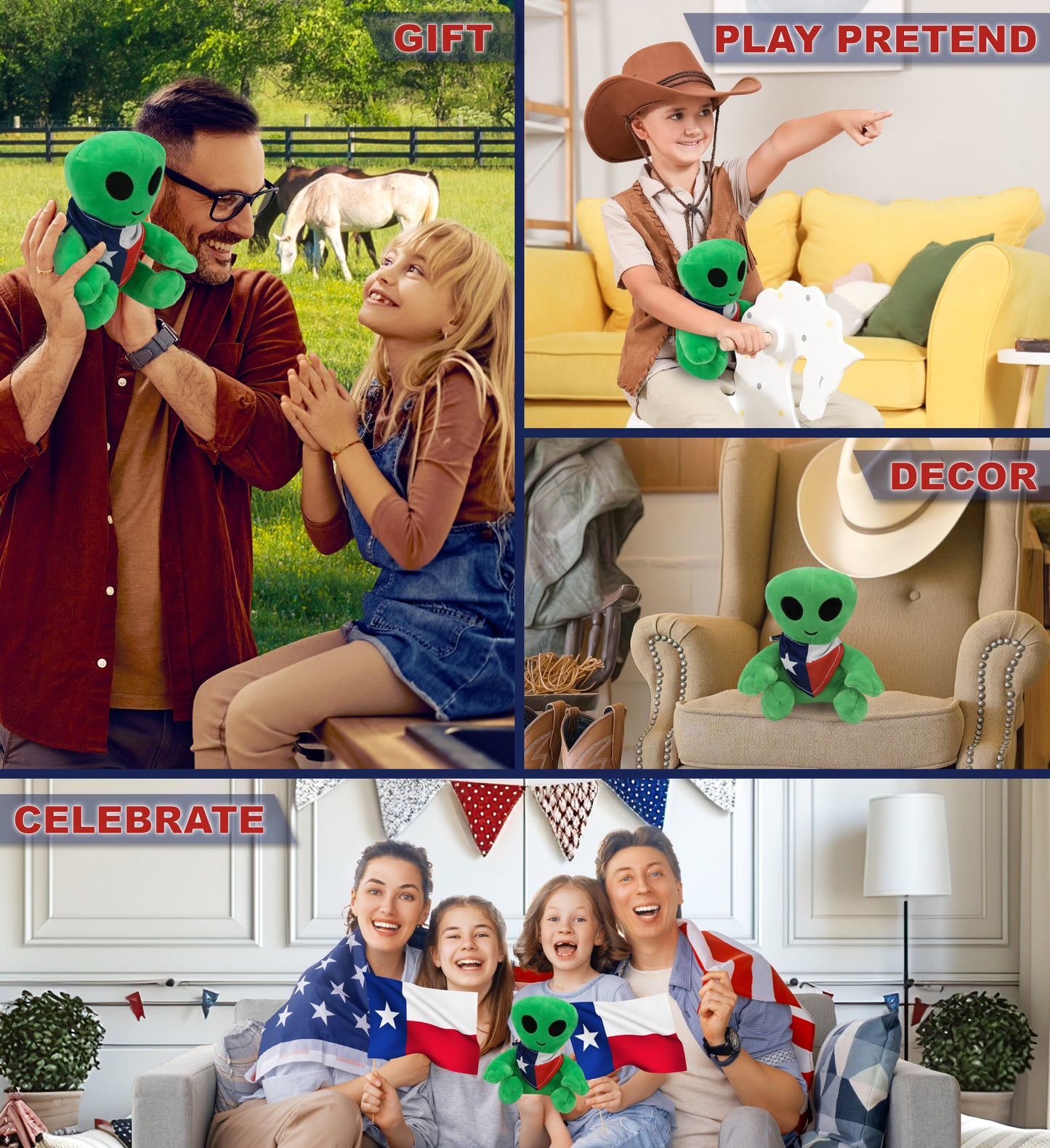 6" PLUSH - ALIEN WITH TEXAS FLAG BANDANA