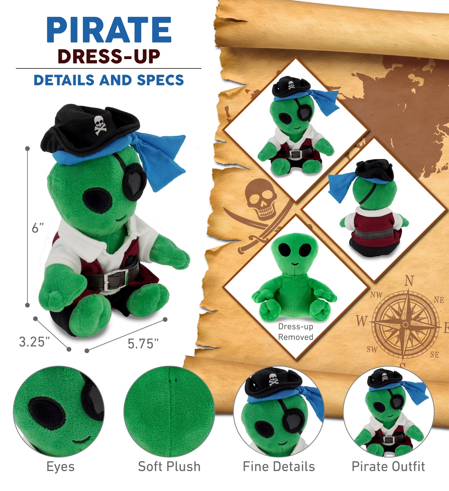 6" PLUSH - ALIEN WITH PIRATE DRESS UP