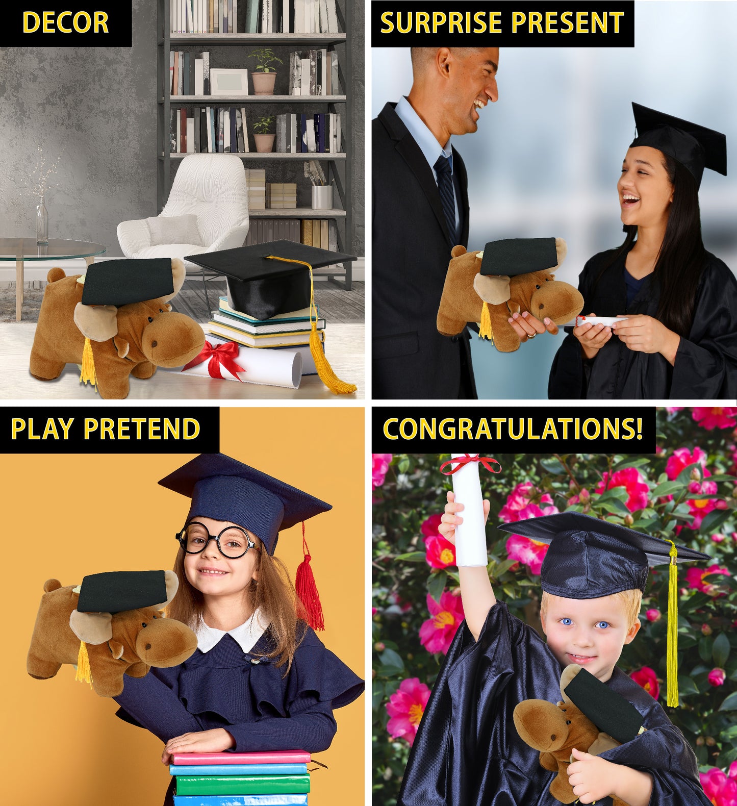 DolliBu Moose - Plush Bank Graduation Toy with Cap with Tassel Outfit - 9 Inch